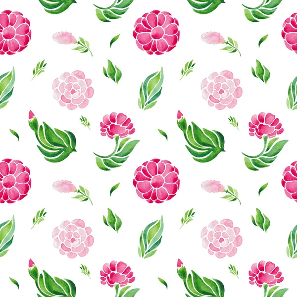 Flowers Watercolor Illustration Pattern Set Red Flowers Green Leaves White — Stock Photo, Image