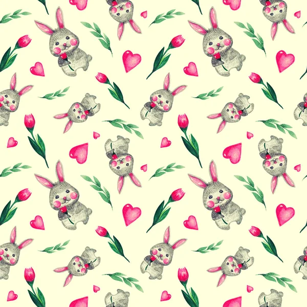 Naadloze patroon schattig konijn met roze tulp op geel getinte achtergrond. — Stockfoto