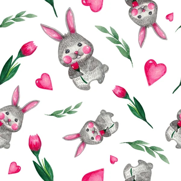 Naadloze patroon schattig konijn met roze tulp op witte achtergrond. — Stockfoto