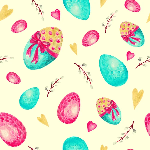 Seamless pattern decorative Easter eggs branch heart. — Stock Photo, Image