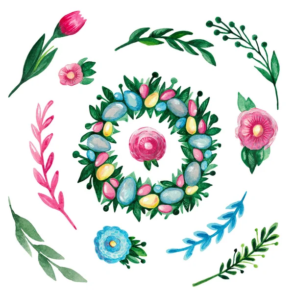 Easter set of watercolor elements Wreath eggs flowers branches on white isolated background