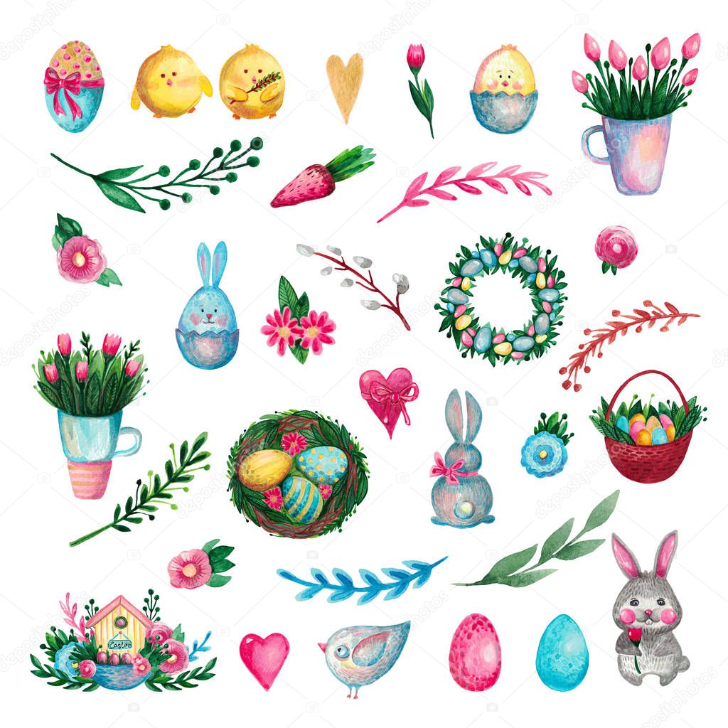 Set of Easter icons and festive elements Animals flowers branches eggs