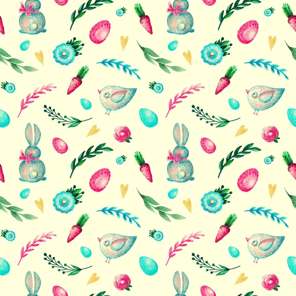 Безшовний візерунок з квітами гілка кролика Берді Весна акварельна ілюстрація — стокове фото