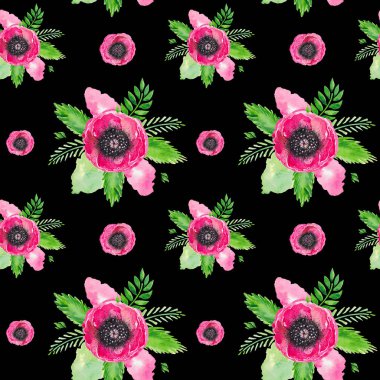 Suluboya illüstrasyon desen kırmızı çiçekli haşhaş dikişsiz kök yeşil yaprakları Çiçek siyah arka plan üzerinde ayarlayın