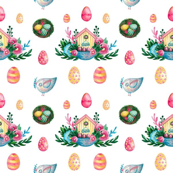 Spring Easter composition house basket branches flowers eggs on white isolated background Festive symbolic elements seamless pattern