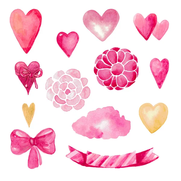 Watercolor set of romantic hearts flowers texture bow pink color A set of elements for the design of cards and postcard