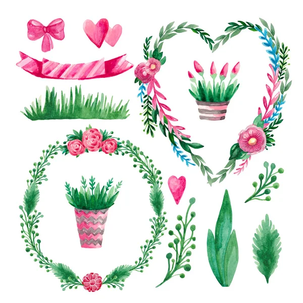 Akvarell illustration av blom element set ram av grenar och blommor gräs tulpaner blad greener uppsättning av botaniska illustrationer, hand-ritning — Stockfoto