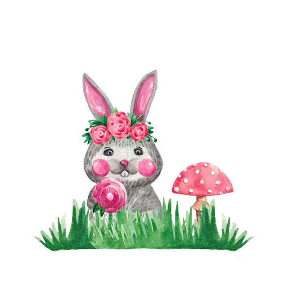 Watercolor illustration of a cute rabbit with flowers in green grass mushroom on white isolated background Hand drawing of forest animal for poster cloth paper Wallpaper