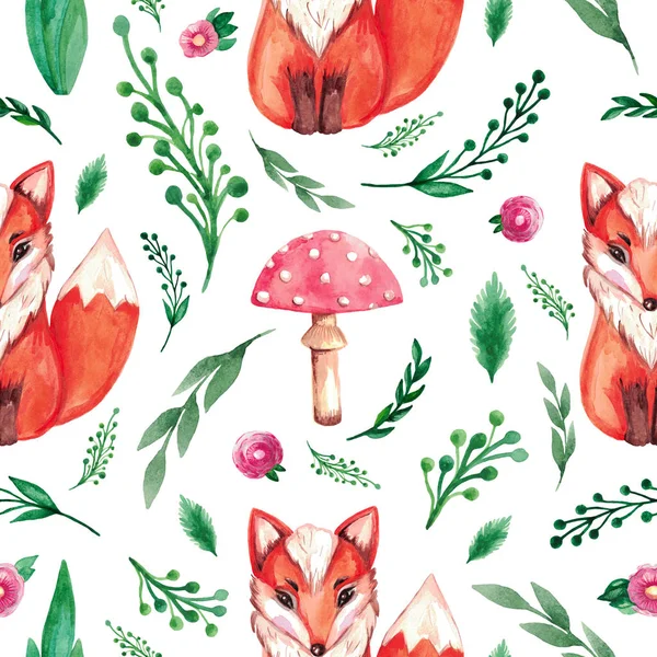 Beyaz izole arka plan üzerinde kırmızı Tilki Dikişsiz desen Suluboya illüstrasyon El boyalı hayvan orman seti