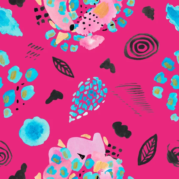 Acuarela ilustración abstracta de manchas decorativas sobre fondo rosa brillante patrón sin costuras Textura moderna rosa púrpura azul negro manchas rayas collage de moda — Foto de Stock