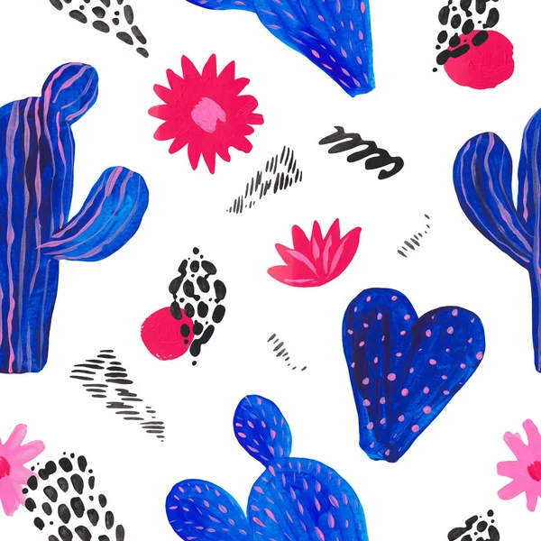 シームレスなパターンは、開花植物のファンタジースタイルのセットに装飾的なサボテンのセット手塗り、カクタスブルーコーラルカラー — ストック写真