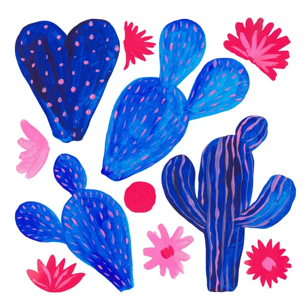 Ζωγραφισμένα στο χέρι σετ από διακοσμητικά κάκτους σε στυλ φαντασίας σύνολο ανθοειδών φυτών, κάκτος μπλε κοράλλια χρώμα — Φωτογραφία Αρχείου