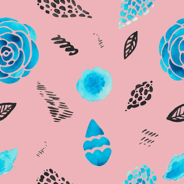 Acuarela ilustración abstracta de manchas decorativas flores de plantas sobre fondo de coral patrón sin costuras Textura moderna rosa azul negro manchas rayas collage de moda —  Fotos de Stock