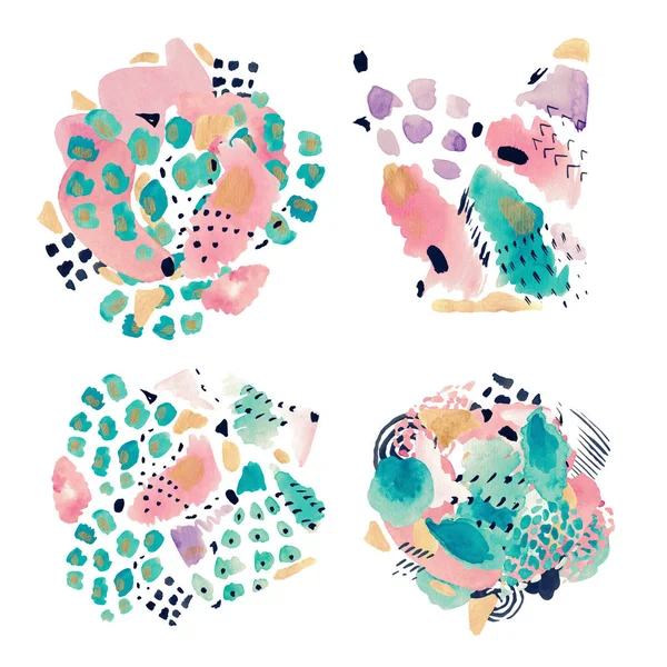 Acuarela ilustración collage abstracto composición pintado a mano conjunto decorativo manchas textura manchas rayas sobre fondo blanco aislado —  Fotos de Stock
