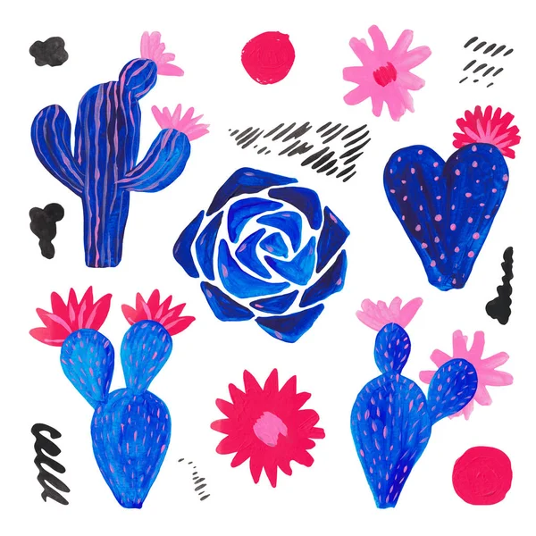 手绘一套装饰仙人掌在幻想风格的斑点, 涂片, 集开花植物, 仙人掌蓝色珊瑚颜色 — 图库照片