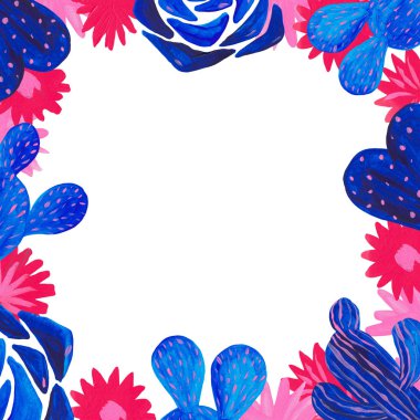 Çerçeve el fantezi tarzında dekoratif kaktüs seti boyalı çiçekli bitkiler, kaktüs mavi mercan renk seti