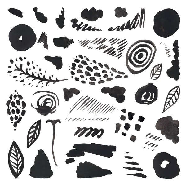 Collection d'éléments décoratifs en noir sur fond blanc Taches graphiques lignes traits botanique — Photo