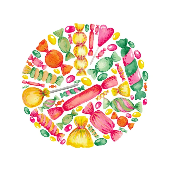 お菓子キャンディハンドペイントの水彩画イラストセット。白の孤立した背景に明るい色の要素. — ストック写真