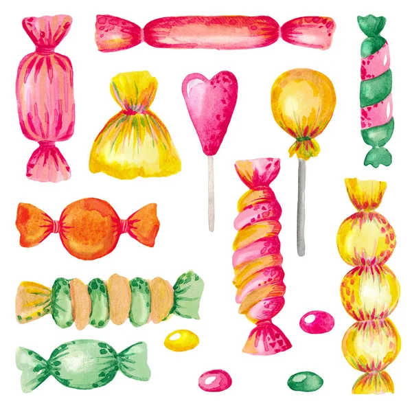 Akvarel-Ukázka sady sladkostí z cukrovinek. Světlé barevné prvky na bílém izolovaném pozadí. — Stock fotografie