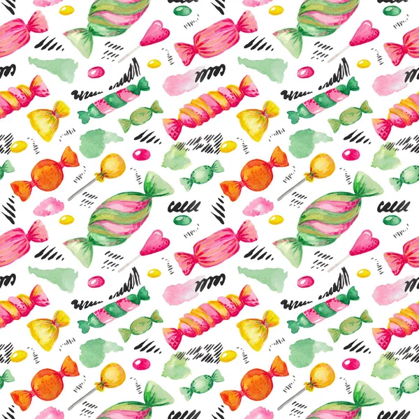 Безшовний акварельний візерунок ілюстрація цукеркового набору Яскраві кольорові елементи на білому ізольованому фоні . — стокове фото