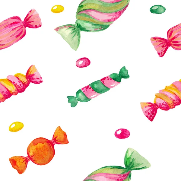 Seamless Watercolor pattern illustration of candy set Bright colored elements on white isolated background. — Stock Photo, Image