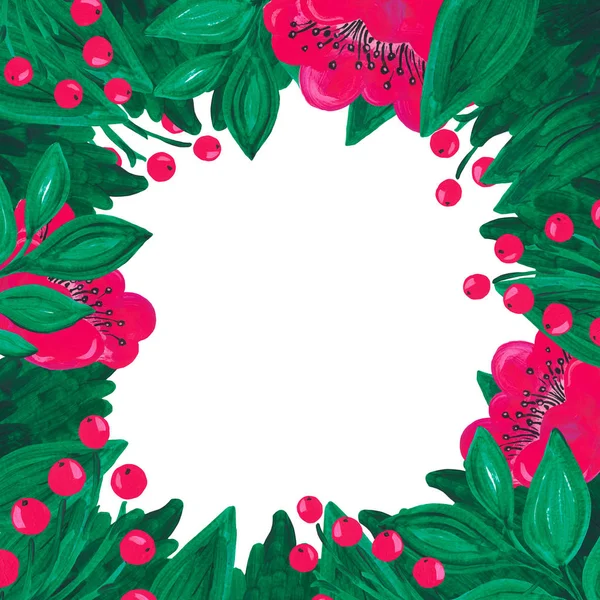 Frame ljust röd rosa blomma gröna blad bär gren på vit isolerad bakgrund handmålade med akryl och gouache botaniska blommig set — Stockfoto