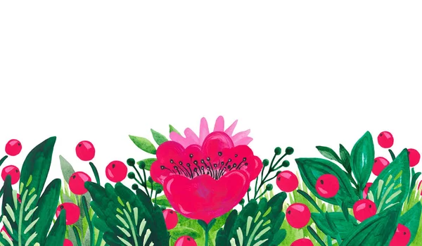 Банер Яскраво-червоно-рожеве квіткове зелене листя ягідна гілка на білому ізольованому фоні Рука пофарбована в акрил і гуаш Ботанічний квітковий набір — стокове фото