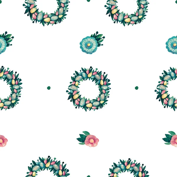 Grinalda de Páscoa com ovos decorativos, folhas verdes flores padrão sem costura Natureza festiva das crianças do feriado tonificado — Fotografia de Stock
