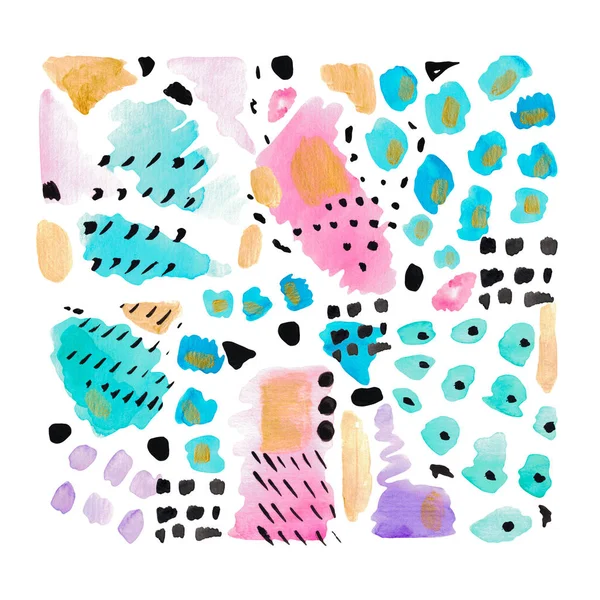 Acuarela ilustración abstracta de manchas decorativas sobre fondo blanco aislado Textura moderna rosa púrpura azul negro manchas rayas collage de moda —  Fotos de Stock