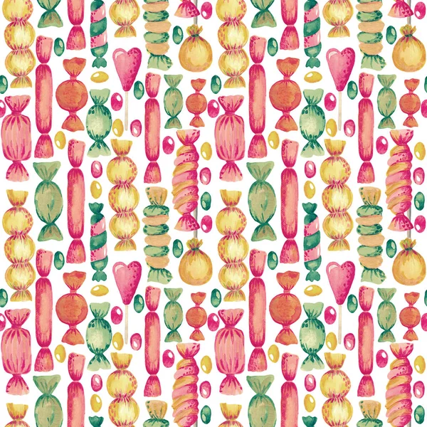 Seamless Watercolor pattern illustration of candy set Bright colored elements on white isolated background. — Stock Photo, Image