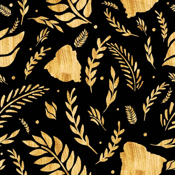 Ακουαρέλα χωρίς ραφή πρότυπο άνοιξη χρυσά φύλλα κλαδιά κηλίδες φυτών εικονογράφησης Οικολογικός σχεδιασμός υφή — Φωτογραφία Αρχείου