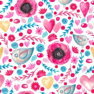 Dikişsiz desen suluboya botanik elemanlar çiçekler dalları bitkiler kuş yaprakları el boyalı çocuk teması