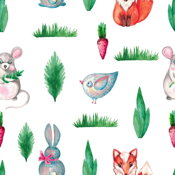 Seamless watercolor pattern cute animal Fox birdie rabbit mouse Hand painted greenery grass leaves plants,