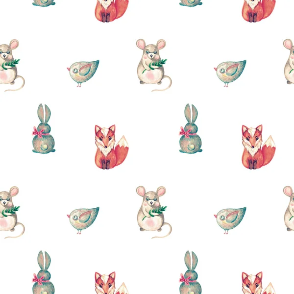 Seamless watercolor pattern cute animal Fox birdie rabbit mouse Hand painted children\'s theme