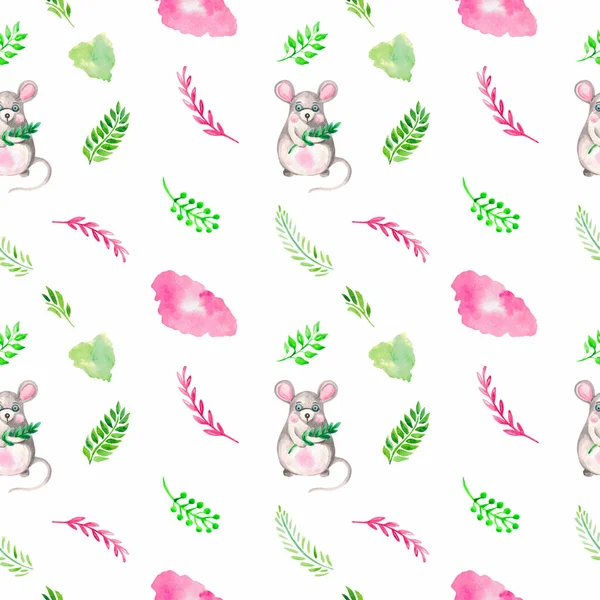 Seamless watercolor pattern cute animal mouse Hand painted children\'s theme