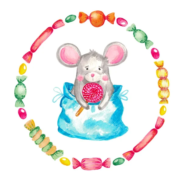 Akvarel ilustrace rámeček šedé myši na bílém izolovaném pozadí ručně malovaný symbol roku — Stock fotografie