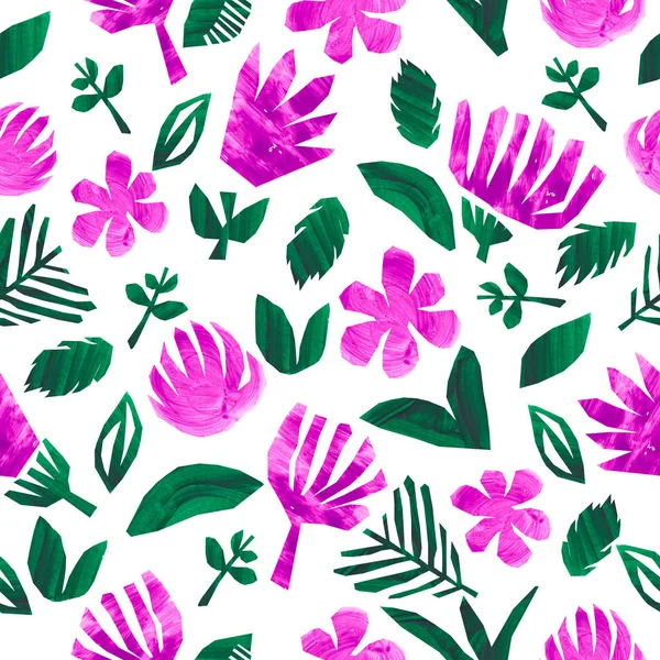 Collage Collection Fleur rose-rouge vif feuilles vertes branche de baies sur fond blanc isolé Peint à la main avec acrylique et gouache Set floral botanique texturé — Photo
