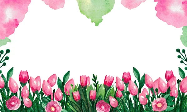 Banner Conjunto de aquarela é uma coleção de flores de primavera de tulipas em um vaso Plantas floridas para impressão botânica — Fotografia de Stock