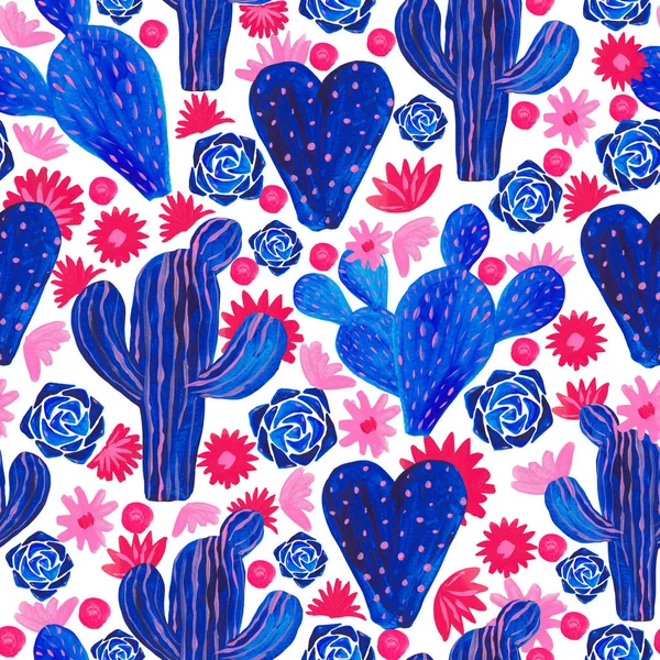 Naadloze patroon met de hand geschilderd set van decoratieve cactus in Fantasy stijl set van bloeiende planten, cactus blauw koraal kleur — Stockfoto