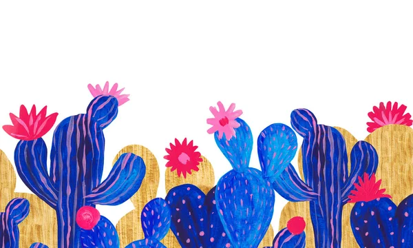 Banner ręcznie malowane zestaw dekoracyjny kaktusów w stylu fantasy zestaw roślin kwiatowych, Kaktus niebieski koralowy kolor — Zdjęcie stockowe
