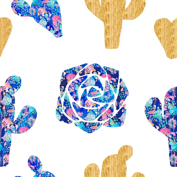 Conjunto de cactus decorativos pintados a mano en estilo fantasía Conjunto de plantas con flores, cactus color coral azul — Foto de Stock