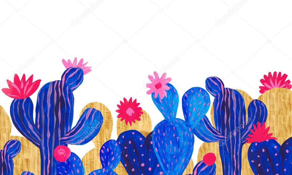 Banner Hand painted set of decorative cactus in fantasy style Set of flowering plants, cactus blue coral color