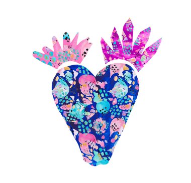 Fantezi tarzı lekeler, smear, çiçekli bitkiler, kaktüs mavi mercan renk seti el boyalı dekoratif kaktüs