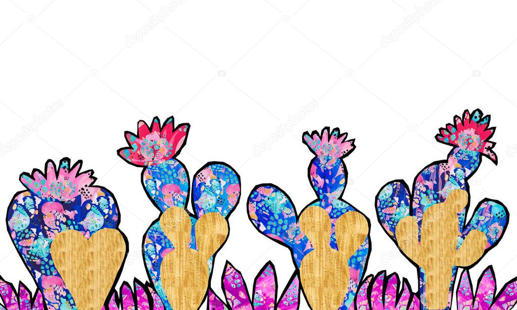 Banner Hand painted collage of decorative cactus in fantasy style Set of flowering plants, cactus blue coral color