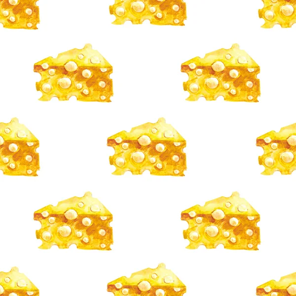 Nahtlose Muster-Aquarell-Illustration eines einzelnen Stücks Käse isoliert auf weißem Hintergrund handgemalt — Stockfoto