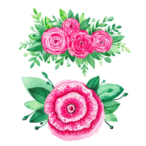 Kwiaty Akwarela ilustracji. Zestaw czerwone różowe kwiaty i zielone liście na białym tle. — Zdjęcie stockowe