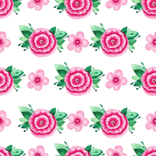 Aquarell Illustration Muster nahtlos von rosa blühenden Kirsche Rose floralen Set auf weißem Hintergrund — Stockfoto