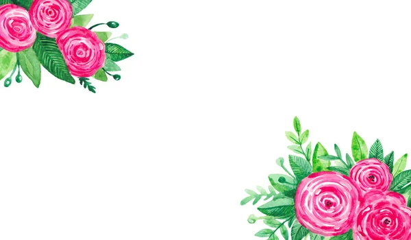 Banner vermelho brilhante flor rosa verde folhas ramo no fundo isolado branco pintado à mão com aquarela conjunto floral botânico — Fotografia de Stock