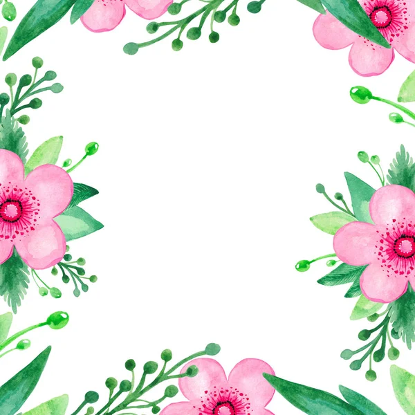 Рамка яскраво-Червона рожева квітка зелена листя філія на білу аквареллю ізольований боку фону пофарбовані з ботанічним квітковим набором — стокове фото