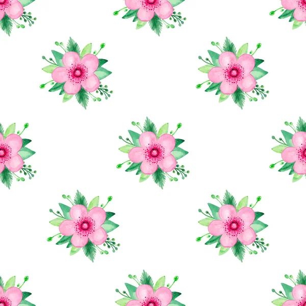 Akwarela ilustracja wzór bez szwu różowego kwitnienia Cherry Rose kwiatowy zestaw na białym tle — Zdjęcie stockowe